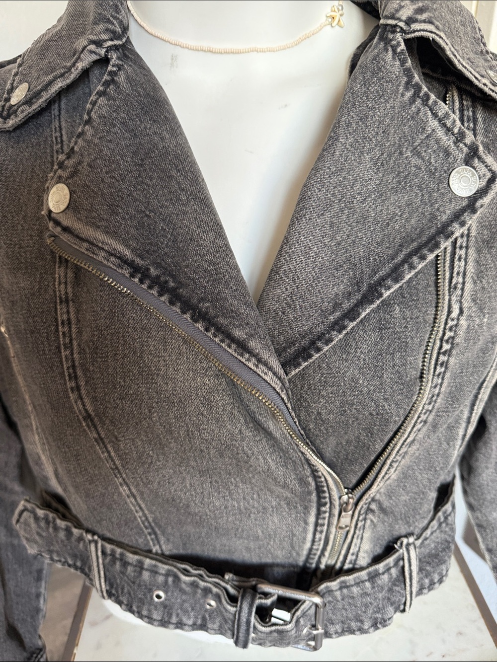 Zara Black Washed Cropped Denim Moto Jacket - Picture 3 of 13